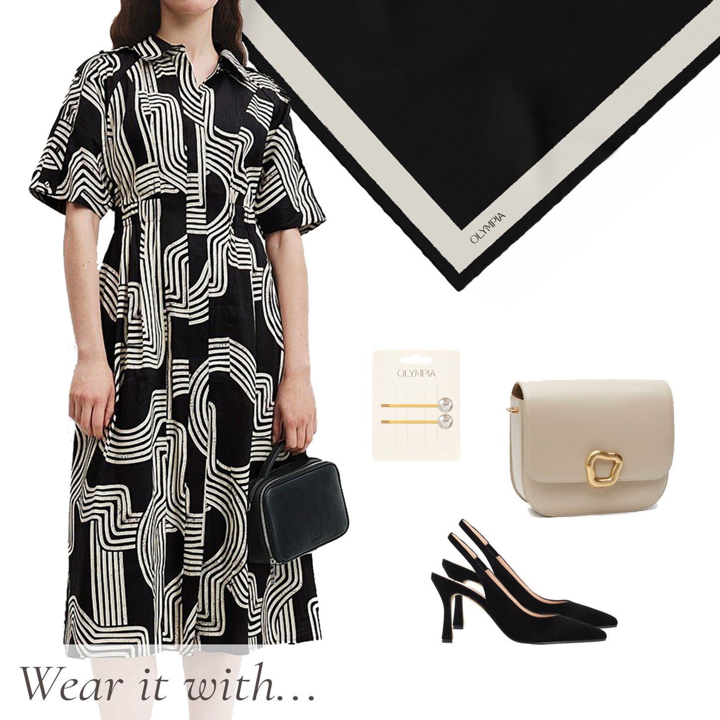 Pia Ebony/Bone Scarf - 89x89cm Silk Twill