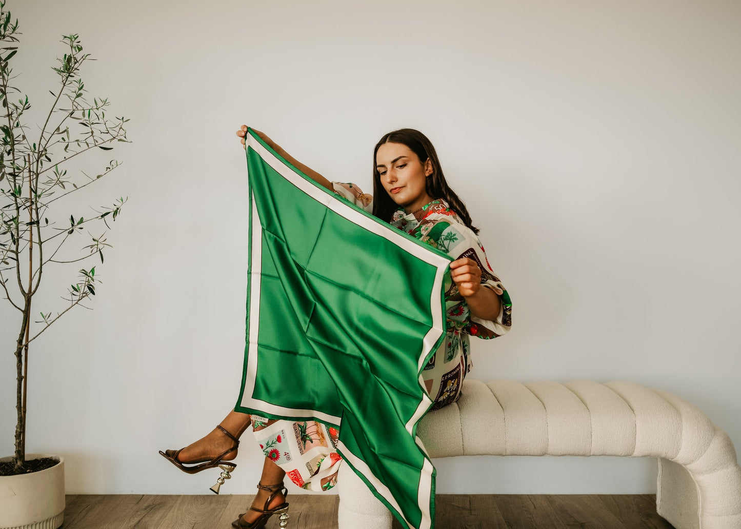 Delphine Jade Cream Scarf - 89x89cm Silk Twill