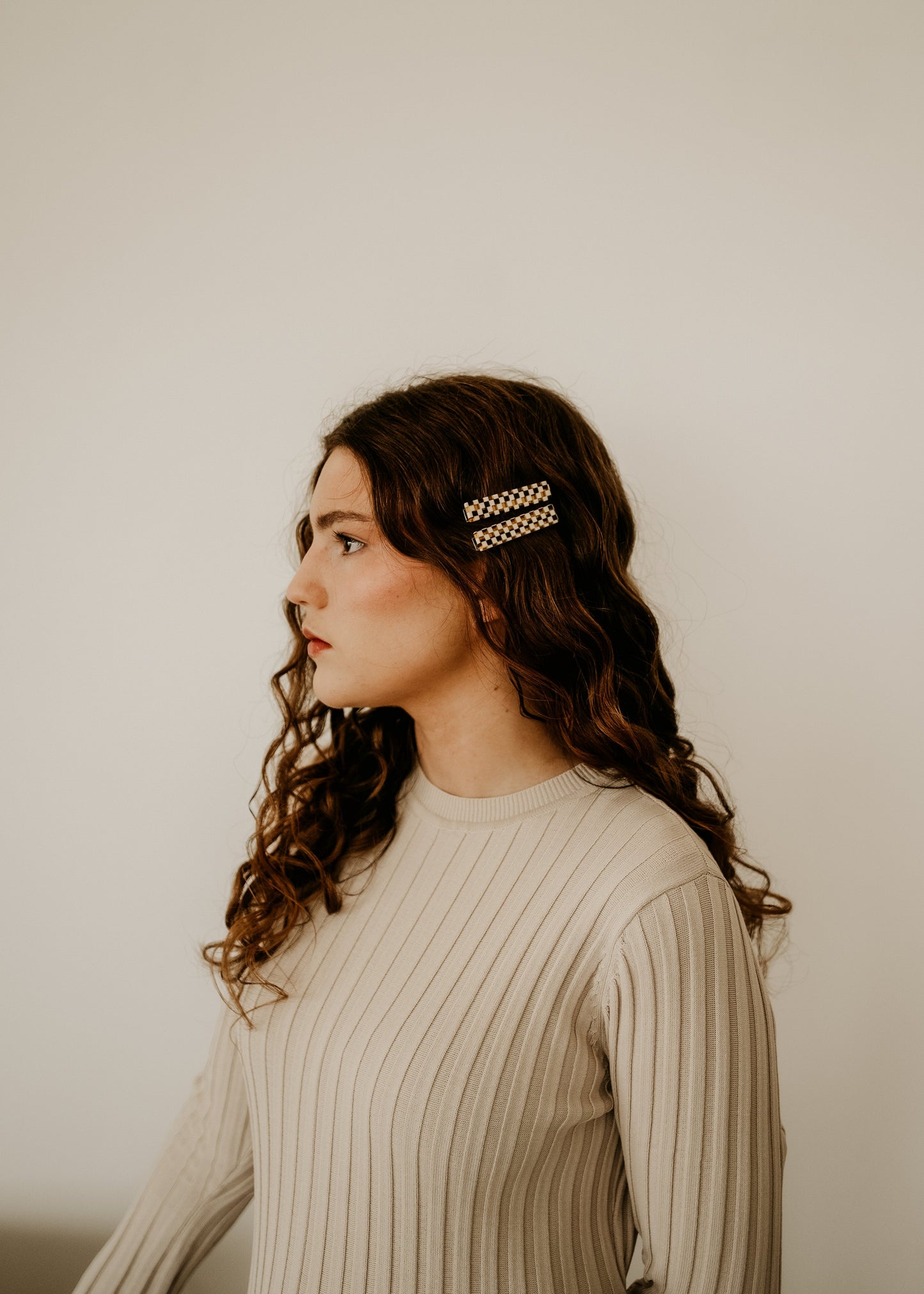 Emma Hair Clips - Amber/Cream Checker