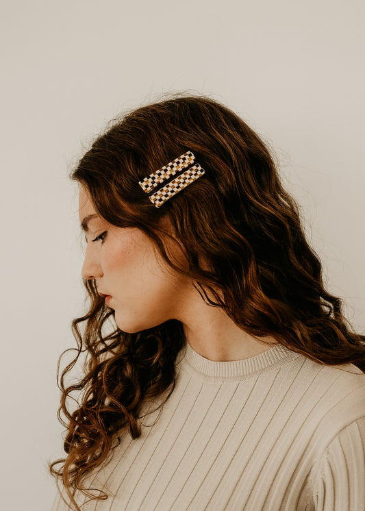 Emma Hair Clips - Amber/Cream Checker