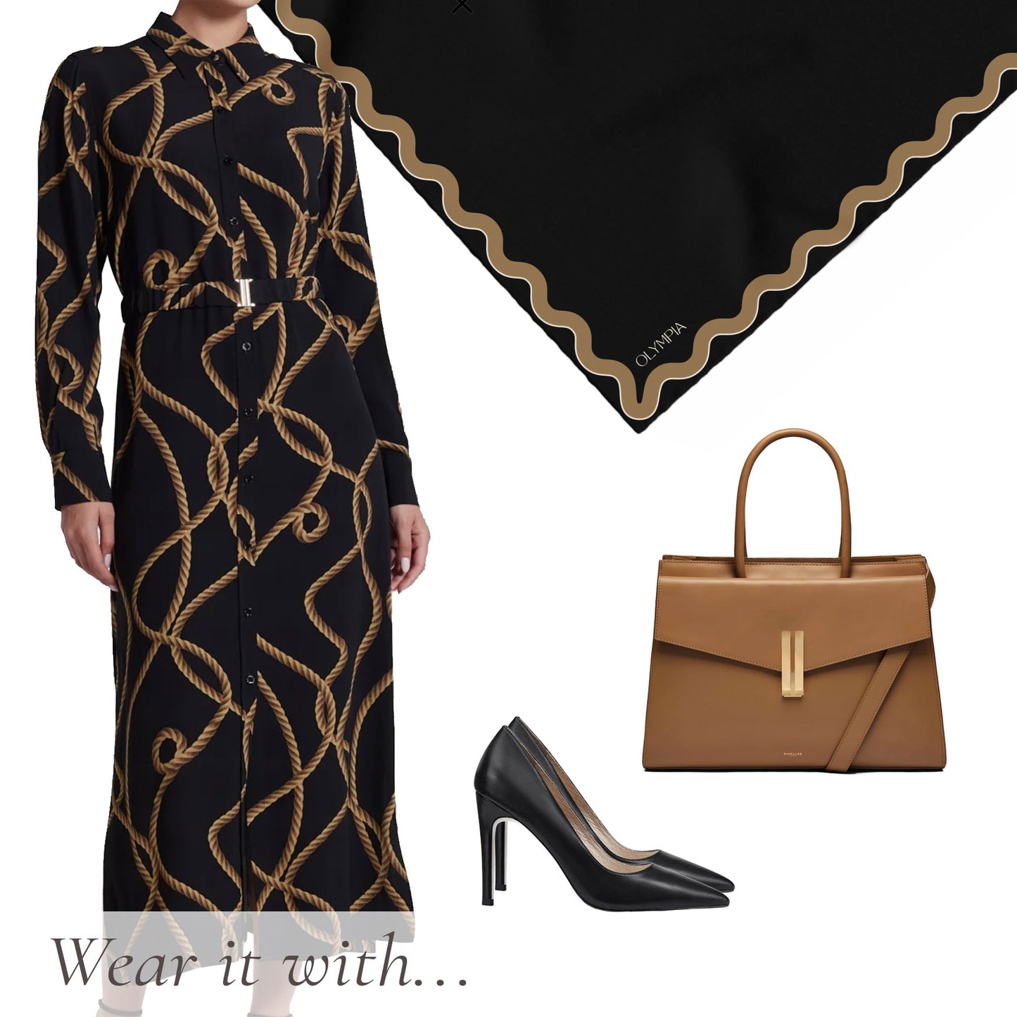 Sophie Ebony/Gold Scarf - 89x89cm Silk Twill