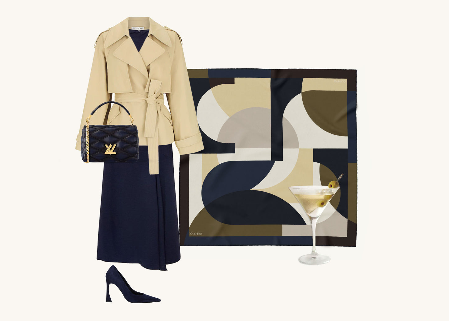 Melba Olive Martini Silk Scarf - 89x89cm - Limited Edition (NZ)
